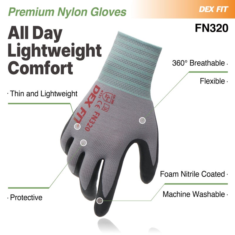 DEX FIT Premium Nylon Nitrile Work Gloves FN320, 3 Pairs, 3D-Comfort Stretchy Fit, Firm Grip, Thin & Lightweight, Durable, Breathable & Cool, Machine Washable; Grey 10 (XL) - Image 4